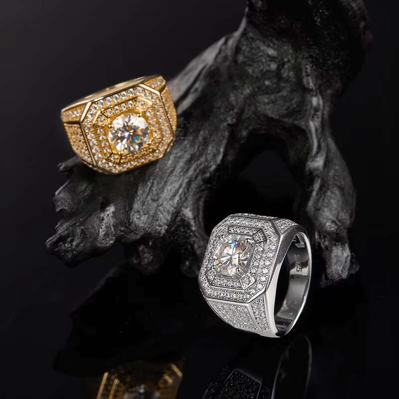 Luxury Hip Hop D Vvs Color Moissanite Diamond Ring 2Carat Round Cut 925 Sterling Silver Moissanite Wedding Ring Men