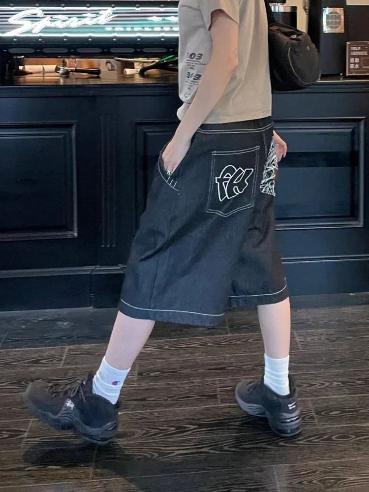 HOUZHOU Vintage y Y2k Jorts Women Hip Hop Style Baggy Denim Shorts Grunge Streetwear Black Wide Leg Knee Length Shorts 250604