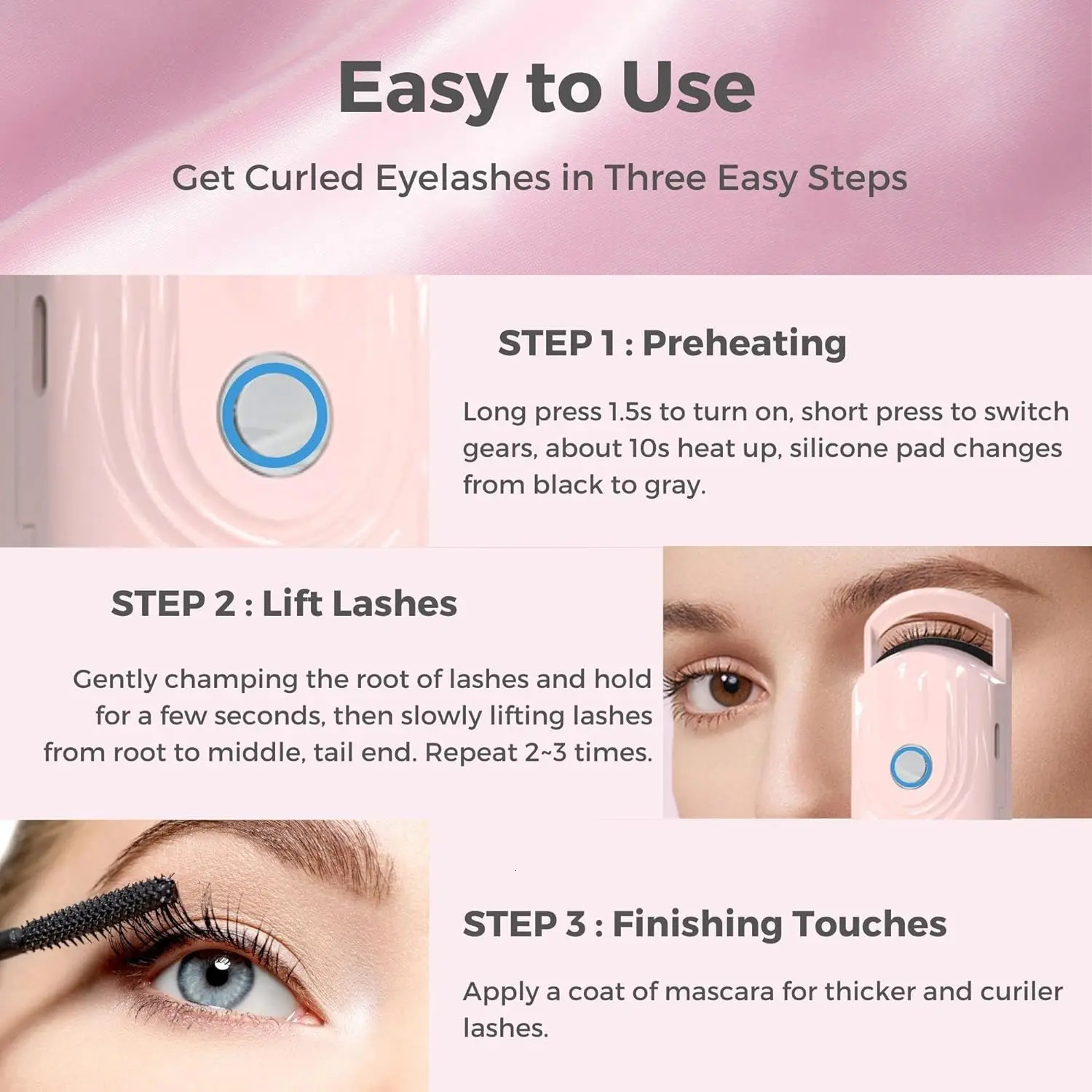Heated Eyelash Curlers Electric Eyelash Curler 3 Heating Modes Rechargeable Portable Eyelash Curler for Natural-Looking Pink 250604