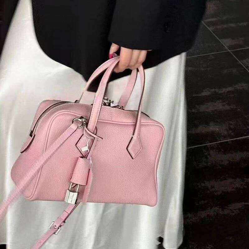 Women's Bags Designer Custom Initials Natural Cowhide Bowling Bags For Women Designer Handbags Purses New In Lock Top Handle Shoulder Bag