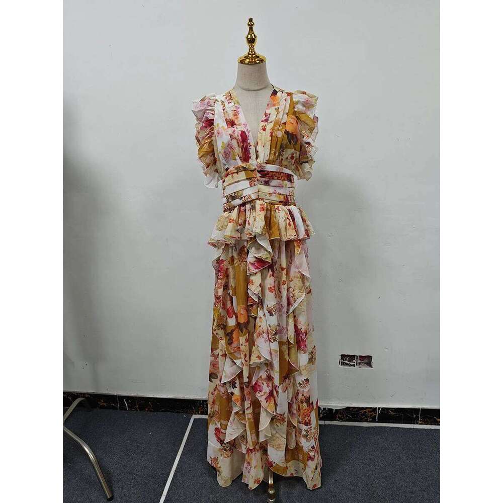 Runway Style Maxi Dresses For Women V Neck Sleeveless High Waist Patchwork Ruffles Edge French Sexy Printed Dress Female New