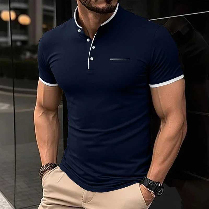 2025 New Mens Casual and Fashionable Solid Color Short Sleeved Stand Up Collar T-shirt Summer Versatile and Comfortable Top XJ250605