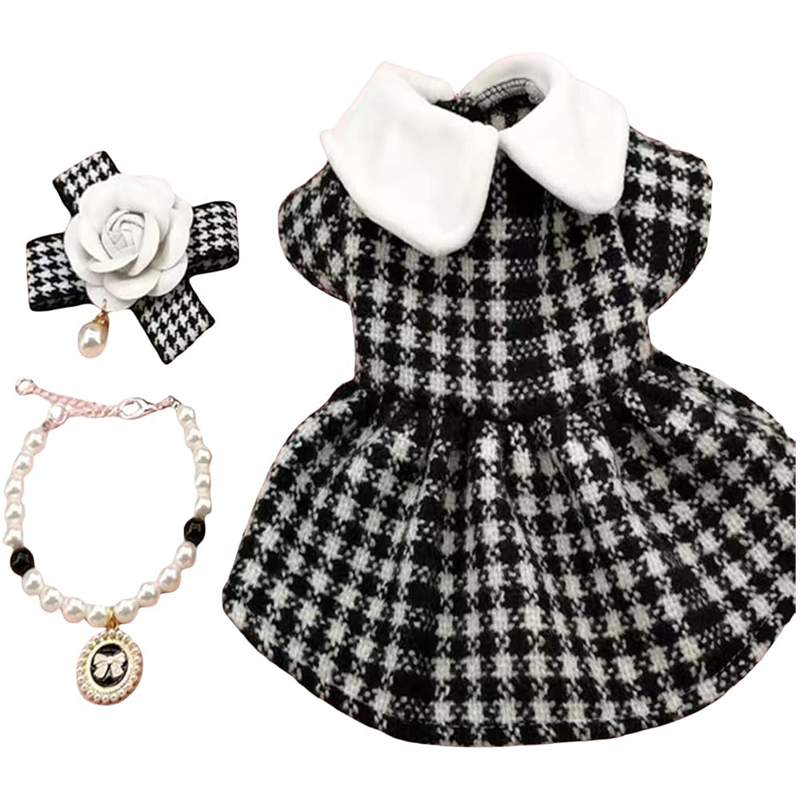 3pcs Dog Dress & Flower Bow & Necklace Set Geometric Princess Dress with Flower Bow Deco Puppy Skirt with Pearls Jewelry Necklace for Small Medium Cat