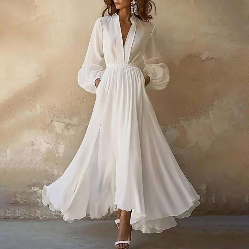 White Sexy Deep V Sleeve Party Vintage Women Casual A-Line Long Dress Vestidos Bohemian Dresses Woman Clothing
