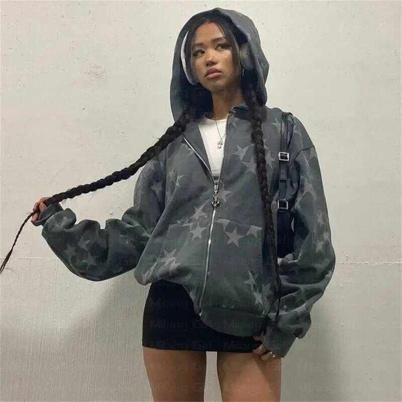 Women Long-Sleeved Zip Hoodie Jacket Oversize Streetwear Vintage Fashion Star Graphic Fairy Grunge Men Y2k Clothes Emo Pullover