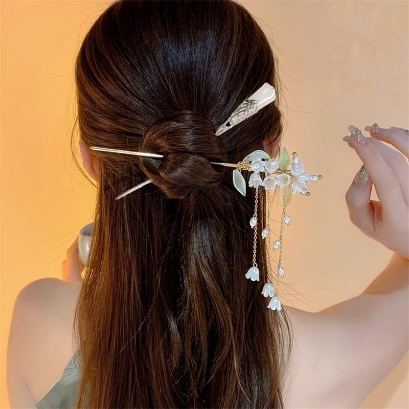 Elegant Chinese Style Hair Accessory Romantic Enameled Flower Tassel Clip Alloy Jewelry Hairpin For Women Fashion y250519
