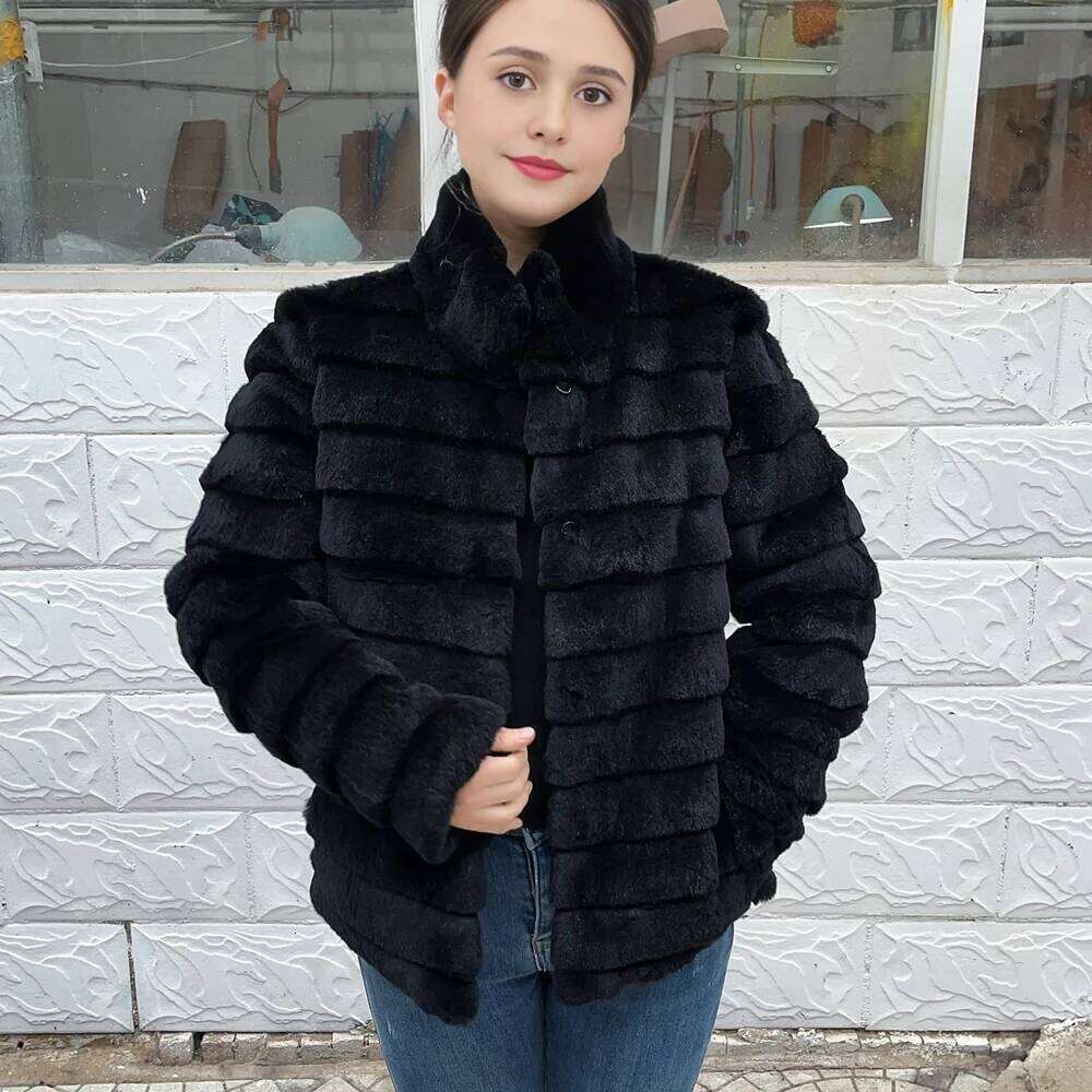 Fancy Rani Rex Rabbit Coat Women Winter Jacket Real Leather And Fur Clothing Female Outerwears With 2024 Black Cold