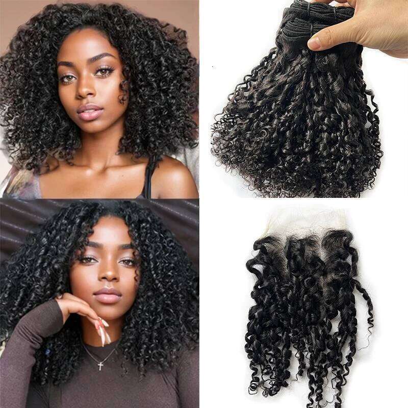 Short Double Drawn Pixie Curl With Brazilian Curly Wave 3 Bundles And Closure 4x4 Natural Hair Extensions