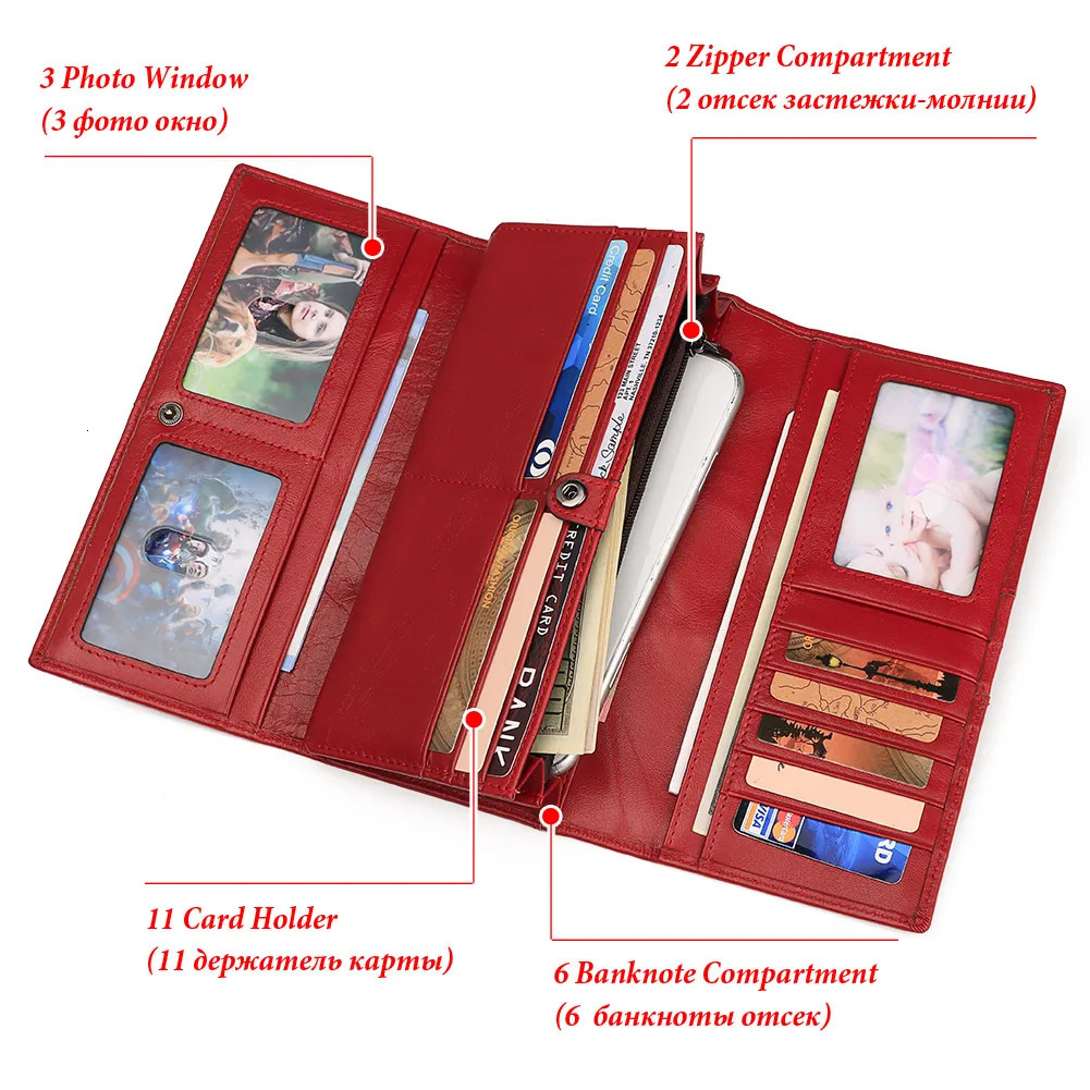 Genuine Leather Wallets Women Long Hasp Rfid Card Holder High Quality Ladies Red Coin Purse With Cellphone Pocket Portfel Damski 250605