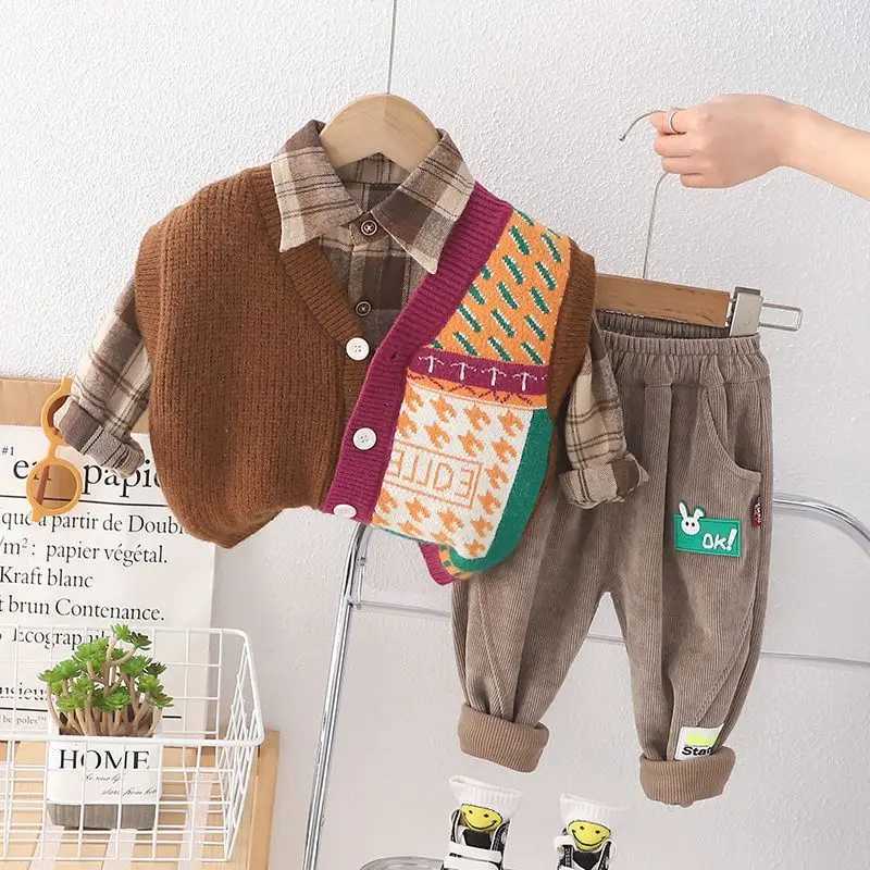 Childrens Sweat Set Korean Baby Boy Clothes 6M-5T Cartoon Knitted Vest + Plaid Shirts + Pants 3PCS Kids Boys Outfit Set R250605
