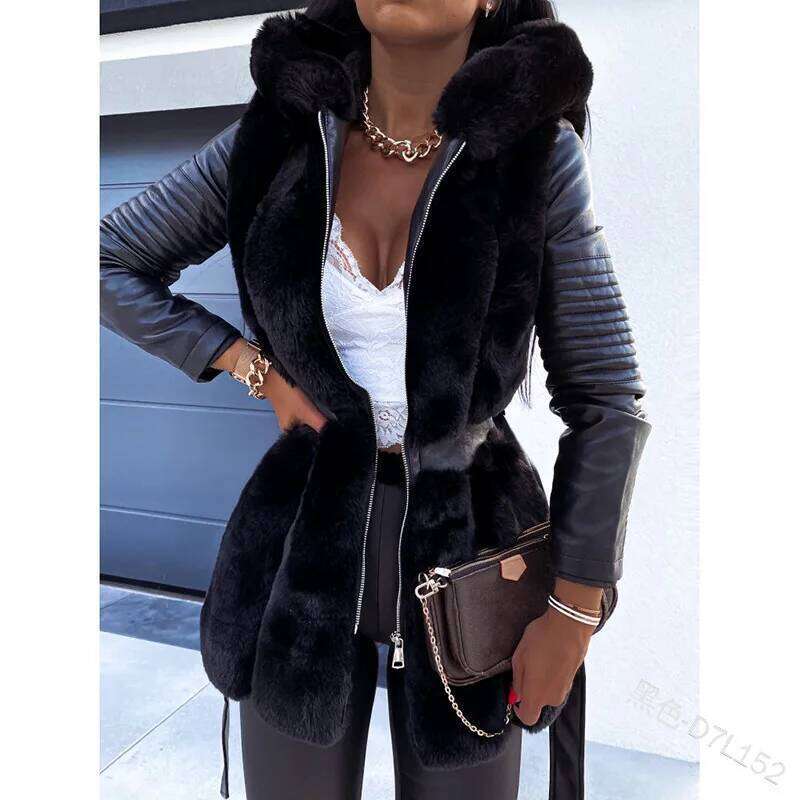 2023 New Autumn Winter Faux Fur Thick Long Hooded Zipper Women Warm Coat with Belt Casaco Feminino