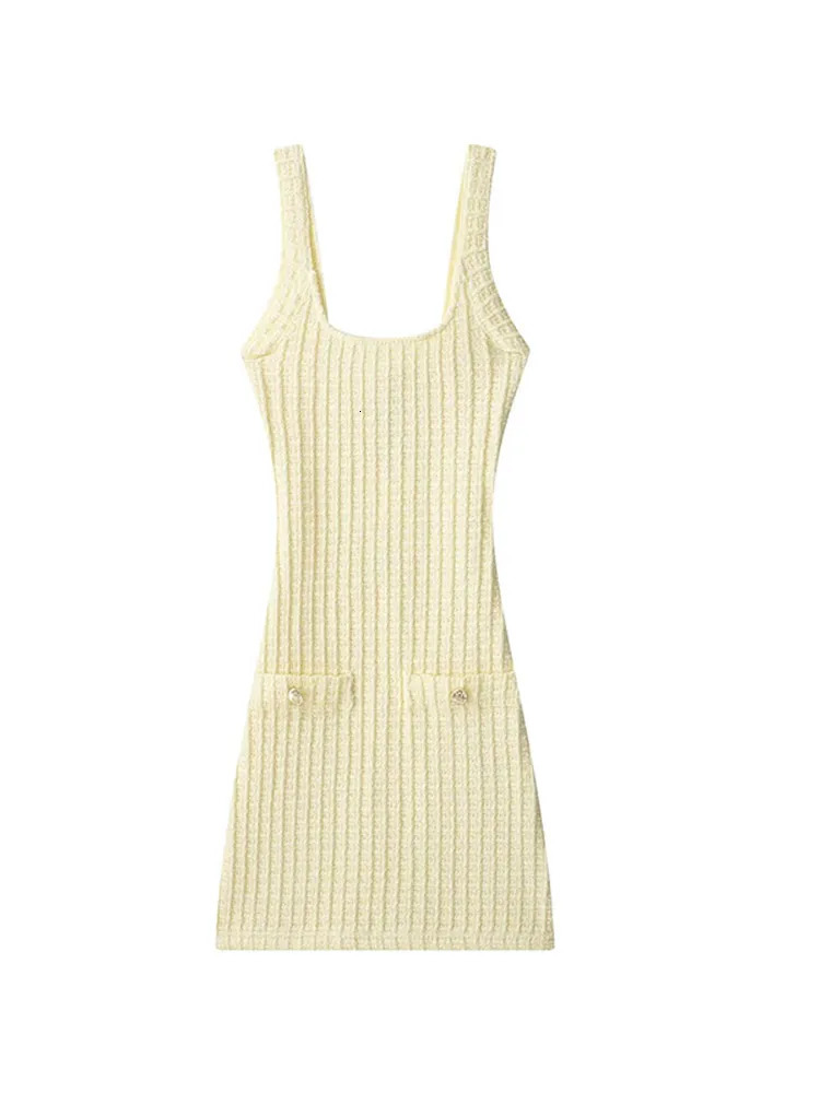 Butter Yellow Elasticity Knitted Mini Dress Women Elegant Splicing Bodycon Sleeveless Backless Gowns Lady High Street Vestidos 250604