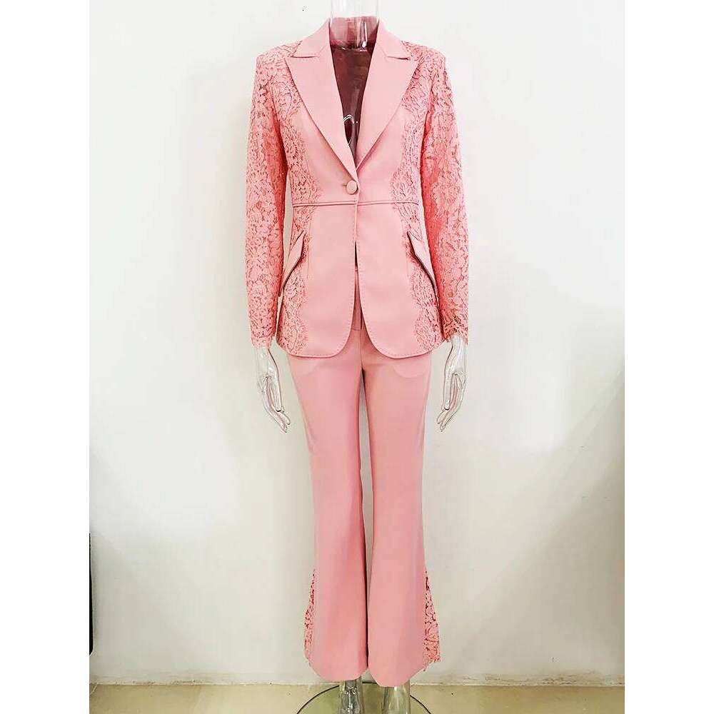 HIGH STREET Newest 2024 Runway Designer Suit Women's Lace Patchwork Single Button Blazer Flare Pants Set 2pcs