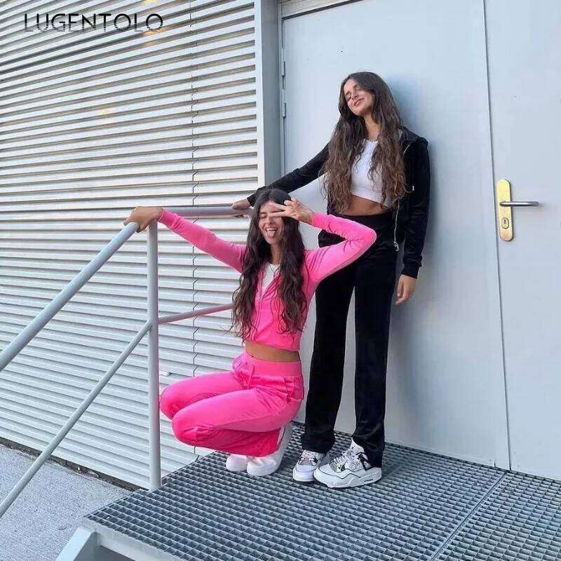Women Hoodie Two-piece Set Y2k Veet Zip Cardigan Jacket Multi-pocket Jogging Straight-leg Pants Fiess Sports Street Wear