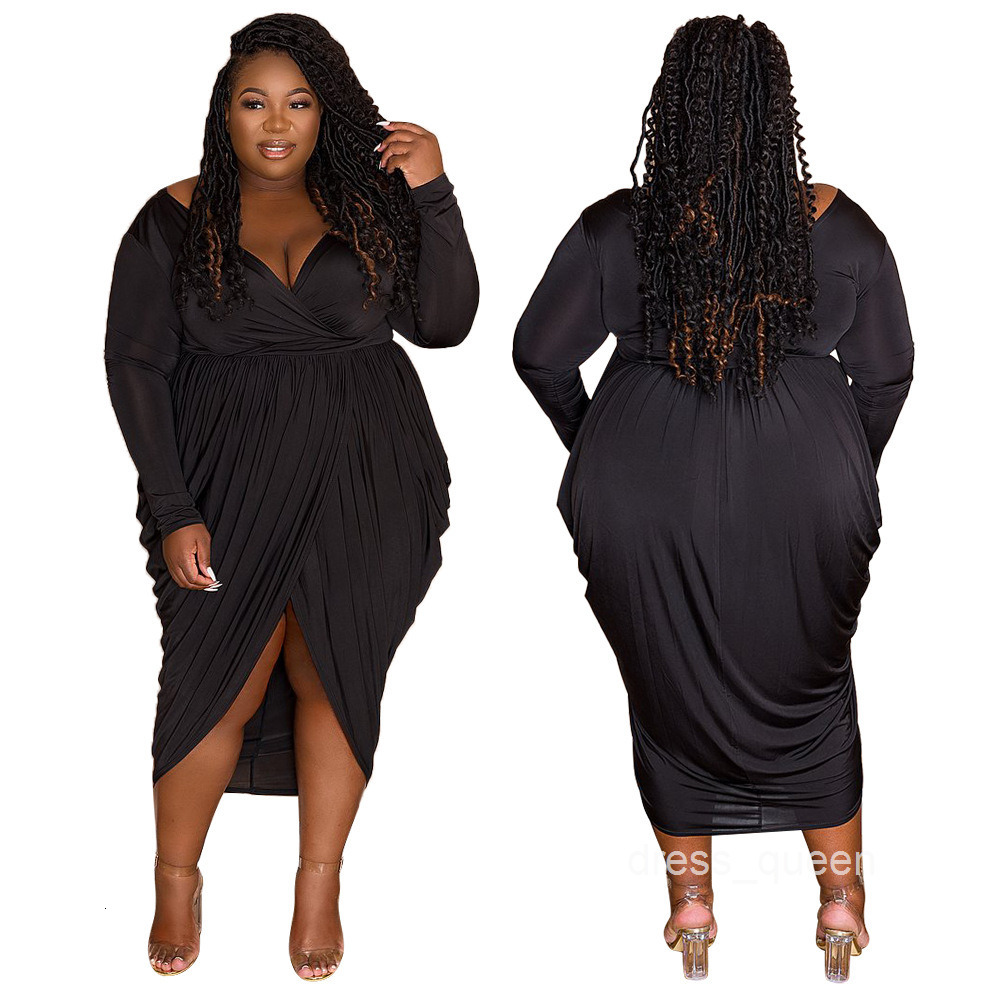 Autumn Womens Fashion Deep v Fashion Pleated Elegant Nightclub Plus Size Dress Long Dress