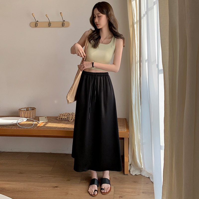 MUU3180 Large Swing Skirt Acetate Satin Skirt Women 2025 Summer New Breathable High Waist Lace-up