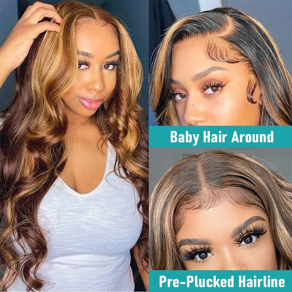 13x6 Highlight Lace Frontal Wig Human Hair Body Wave Ombre Colored Honey Blonde Lace Front Human Hair Wigs For Women Pre Plucked Synthetic