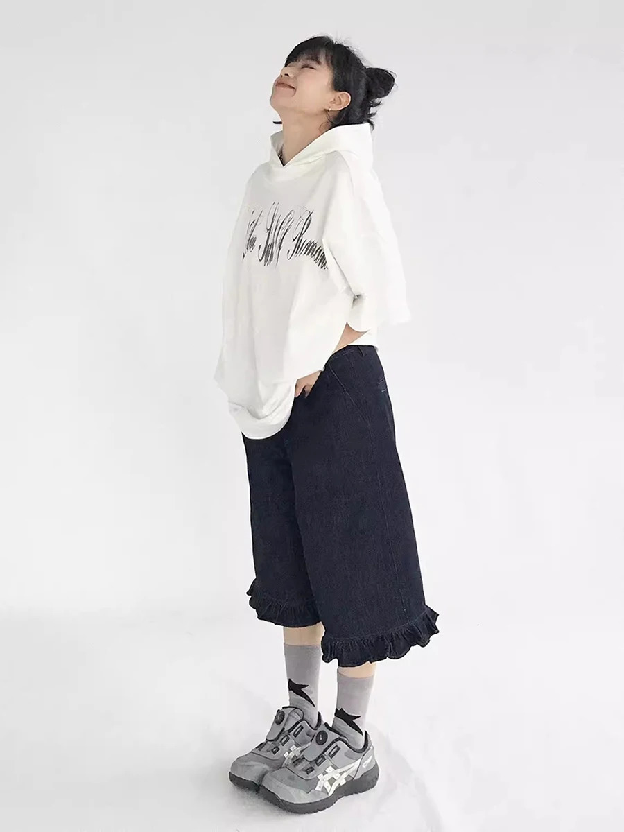 REDDACHiC Dark Blue Ruffled Denim Shorts Women Solid Casual High Waist Knee Long Frilly Baggy Jorts Y2k Retro Summer Streetwear 250604