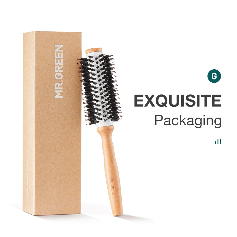 MR.GREEN Boar Bristles Hair Brush Round Styling Curling Roll Hairbrush Natural Wooden Detangling Comb for Long Curly Or Any Type 250603