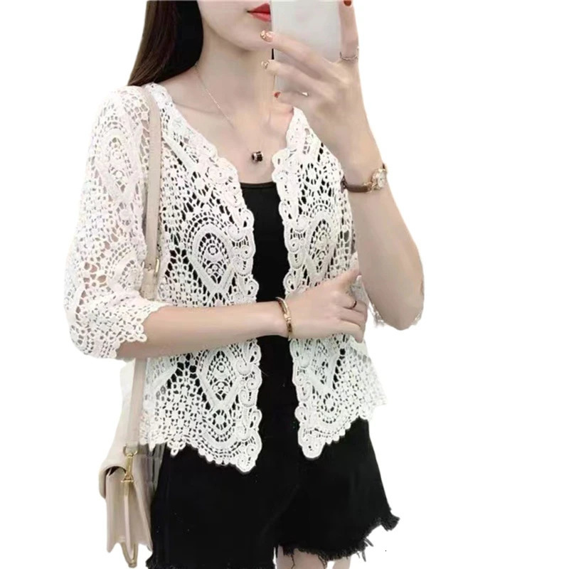 Women Knitted Lace Shrug Boho Hollow Crochet Floral 34 Sleeves Open Front Cropped Cardigan Elegant Mesh Sweater Coveup 250530