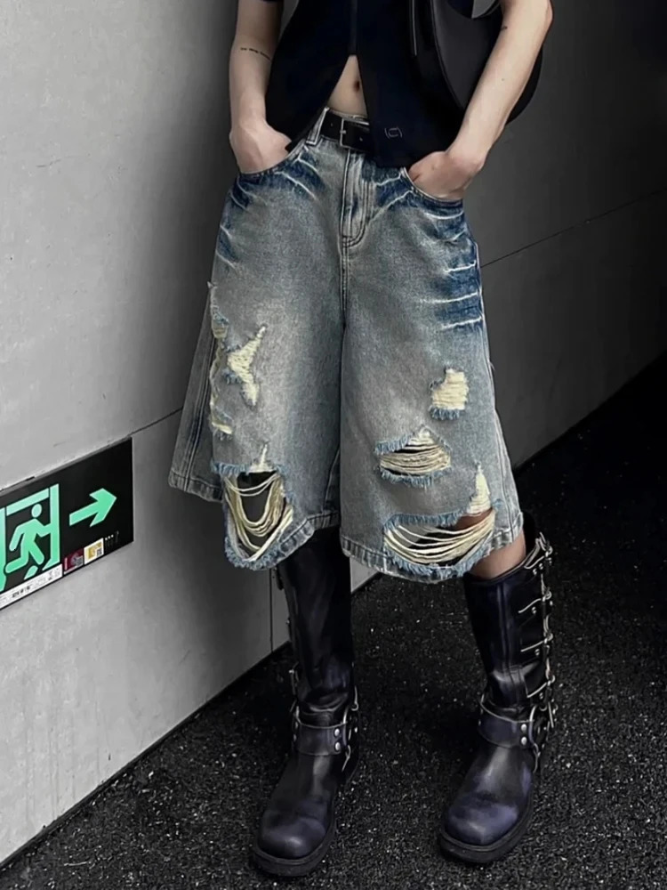 DFCF Spring Summer 5 Points Jeans Streetwear tie Washed Short for Women Y2k Fashion High Waist Wide Leg Jeans 250604