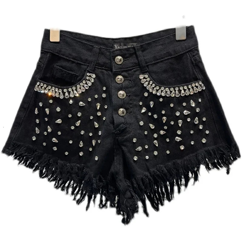 KTCZ Womens Denim Shorts Shiny Rhinestone Full Diamonds Burrs Edge Wide Leg Super Short Jeans Spring Fashion 250604