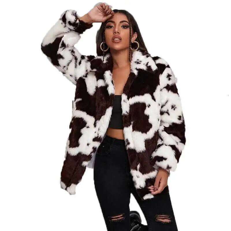 European American Cross-border Imitation Fur Coat Women's Clothing Autumn and Winter Original Style Cow Pattern