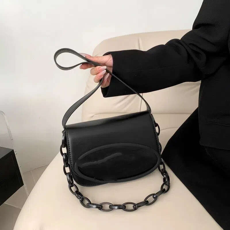 2024 New Trendy Niche Dingdang Black Small Square Soft Leather Handbag Stylish Versatile Shoulder Underarm Women's Bag