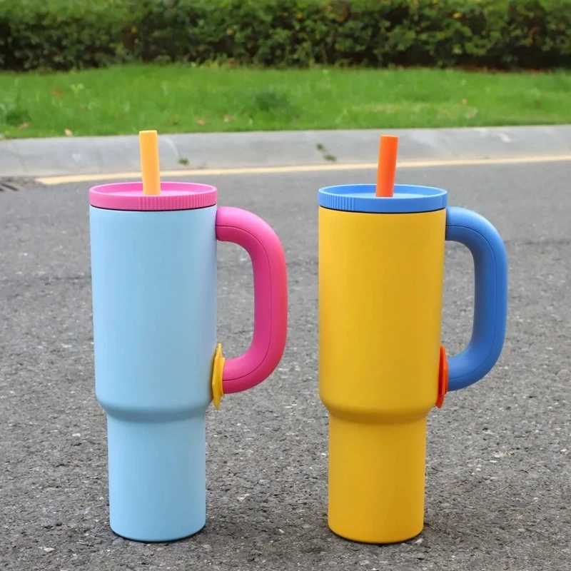 40oz 304 Stainless Steel Straw Insulated Ice Cup Large Capacity Thermal Mug Tumbler with Handle Stylish Insulated Coffee Cup X250605