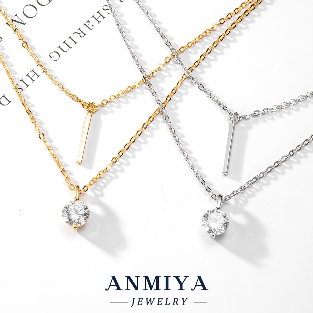 Minimalist Silver Jewelry Double Layered Necklace, Geometric Pendant with Zircon Accented , 925 Delicate Necklace for Daily