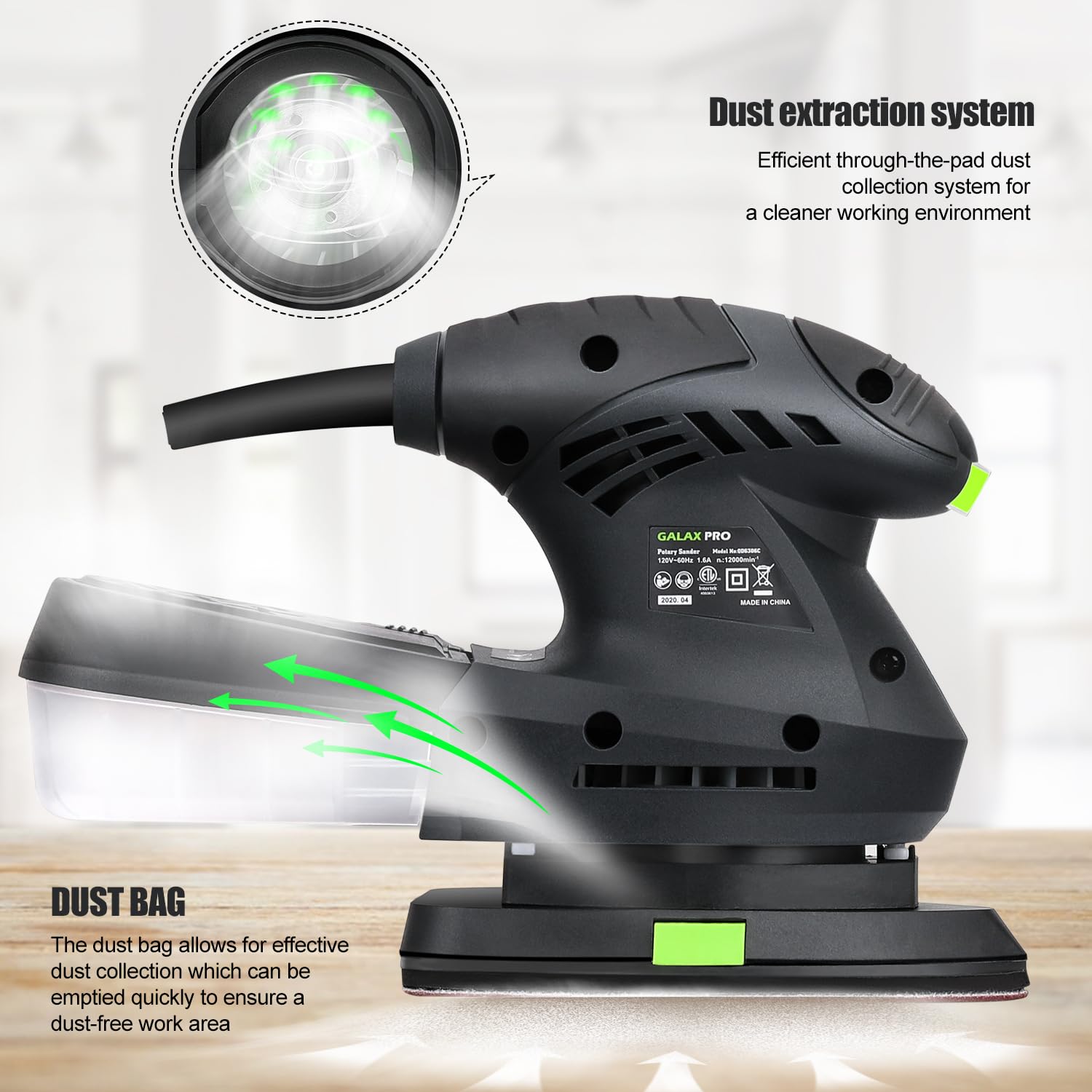 GALAX PRO 200W Detail Sander - 12000 OPM Electric Orbital Sander Paired with Dust Collection and 10 Pieces of Sandpaper