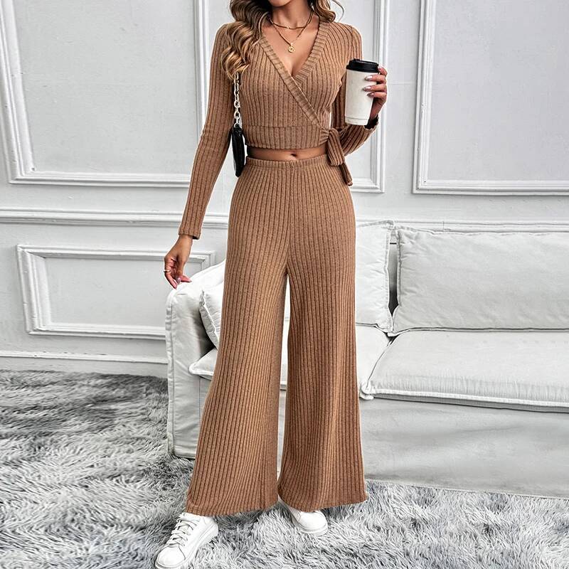 Europe And The United States New Autumn Simple Advanced Pure Color Lace-Up Two-Piece Fabric Casual Comfortable Women's Suit