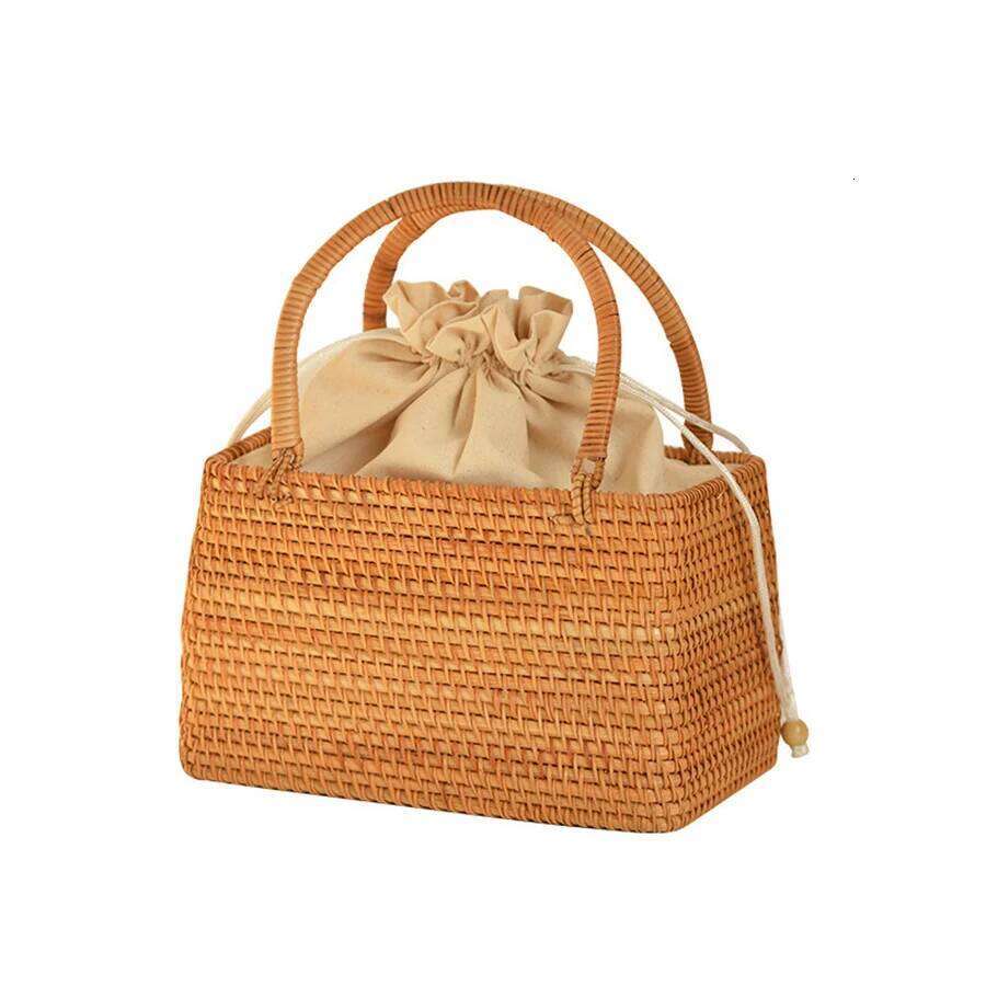Rattan Basket Handbags Women Hollow Out Handwoven Drawstring Top-Handle Bag Summer Beach Female Storage Clutch Travel Totes