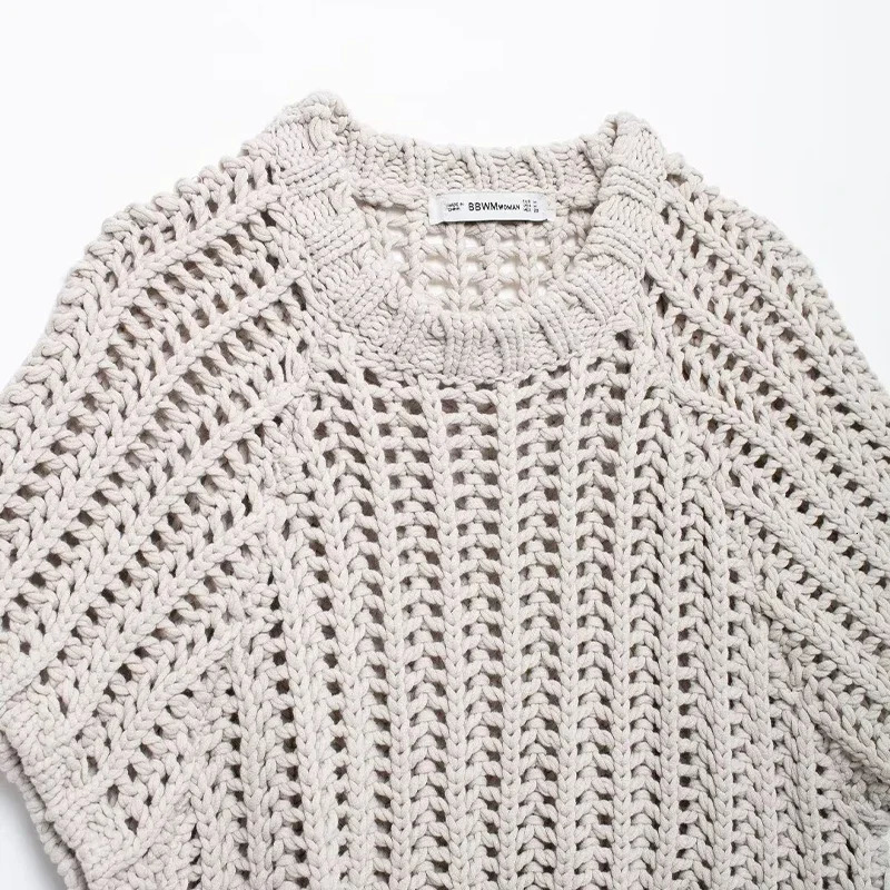 Women Fashion Beige Side Bow Lace Up Slit Knitted Pullover Sweater Vintage ONeck Short Sleeves Female Chic Lady Tops 250530