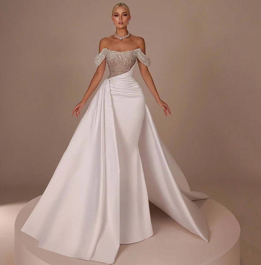 2025 Gorgeous Mermaid Wedding Dress Off The Shoulder Pleats Beadings Pearls Long Train Satin Church Bridal Bride Gowns Vestidos De Noiva