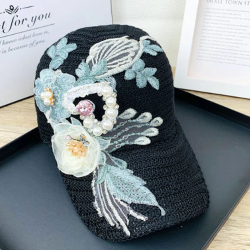 Womens Summer Rose Baseball Cap Fashion Rhinestone Pearl Cap Ladies Casual Breathable Visor Cap 250603