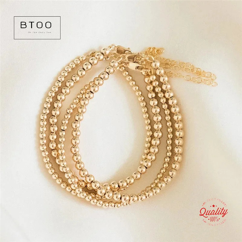 Real 14K Gold Filled Round Beads Bracelets Gold Filled Seamless Beads m 4mm 5mm 6mm Bracelets Vintage Boho Women Jewelry 250604