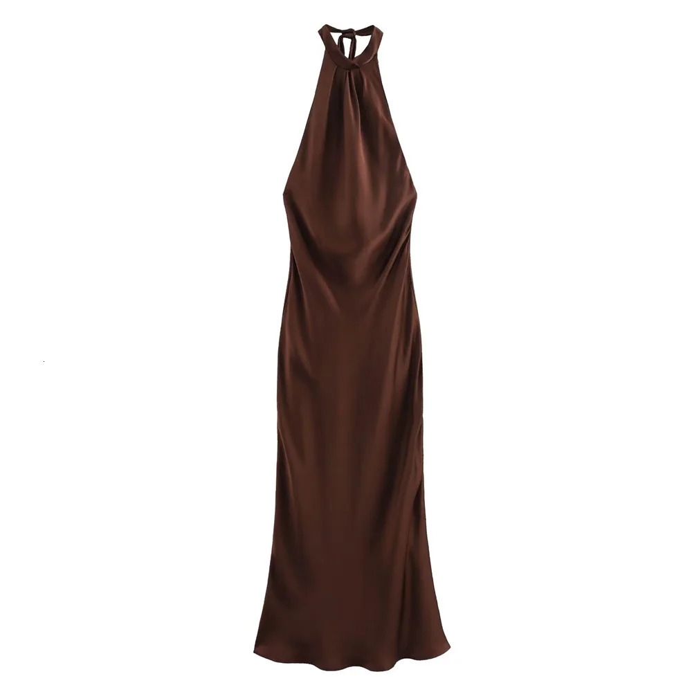 European And American Style Summer Womens Fashionable Temperament Solid Color Backless Silk Satin Texture Dress 250604
