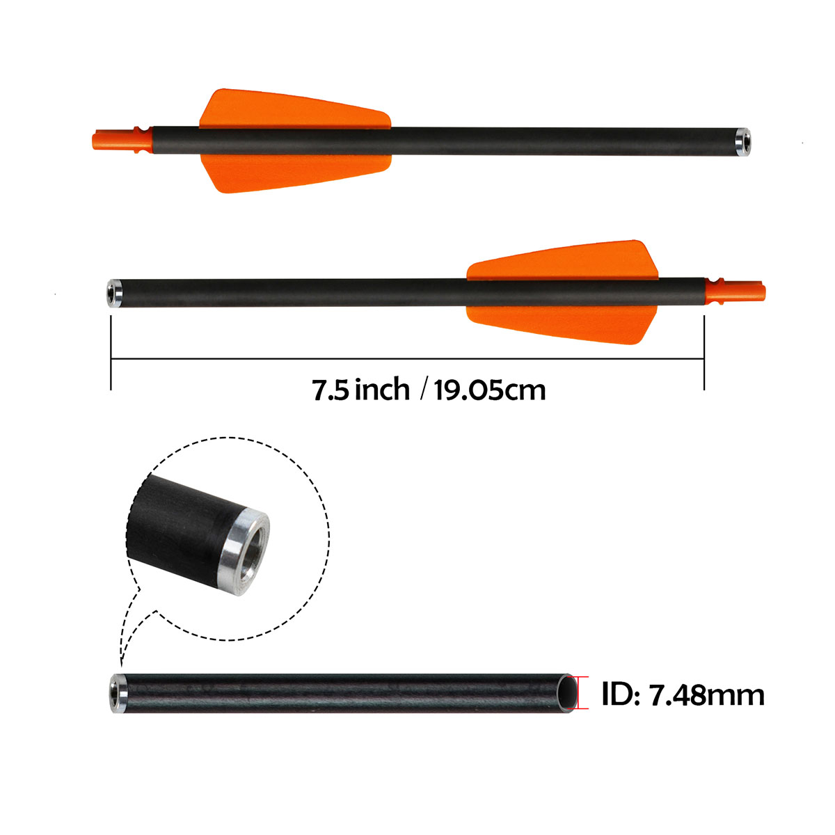 Crossbow Bolts 7.5 inch Hunting Arrows without Arrowheads 12 Pcs Carbon Crossbow Arrows Half-Moon Nocks Archery Arrows