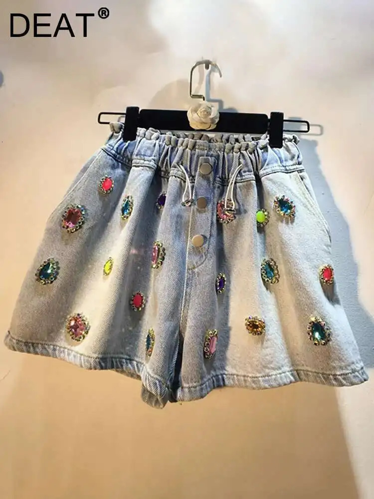 DEAT Womens Denim Shorts Colored Big Diamonds Drawstring Elastic Waist Wide Leg Short Pants Summer Fashion 29L1544 250604