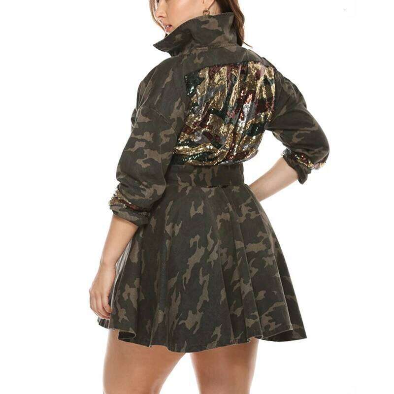 Autumn plus size casual coat 8XL fashion women's button lapel belt woven camouflage sequined loose coat.