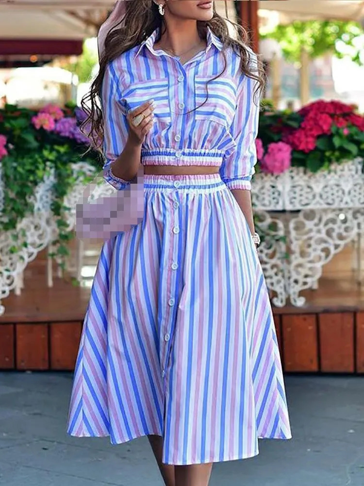 Womens Spring Summer Fashion Print Stand Up Collar Short Style With Exposed Waist Five Quarter Sleeve Top Enlarged Hem Skirt 250605Z