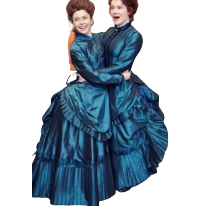 Vintage Victorian Edwardian Prom Dress Ghosts Hetty Cosplay Costume Teal Ruched Bustle Evening Gown Ruffle Pleats Special occasion Wear