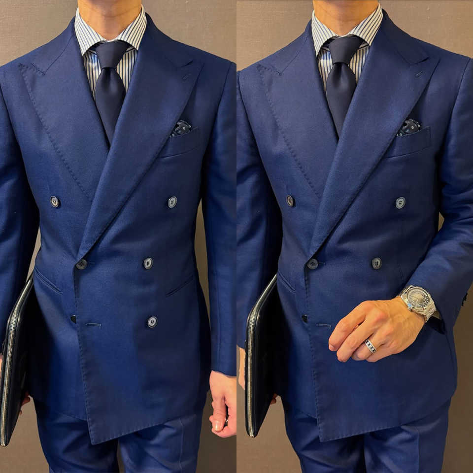 Classic Fit Blue Wedding Tuxedos 2 Piece Set Jacket Pants Peaked Lapel Men Suit Handsome Customized Groom Wear Party Suits