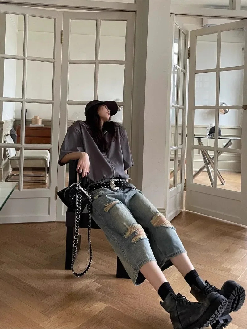 High Waist Vintage Hole Jeans Women American Hiphop Straight Denim Y2k Shorts Hollow Out Wide Leg Washed CalfLength Loose 250604