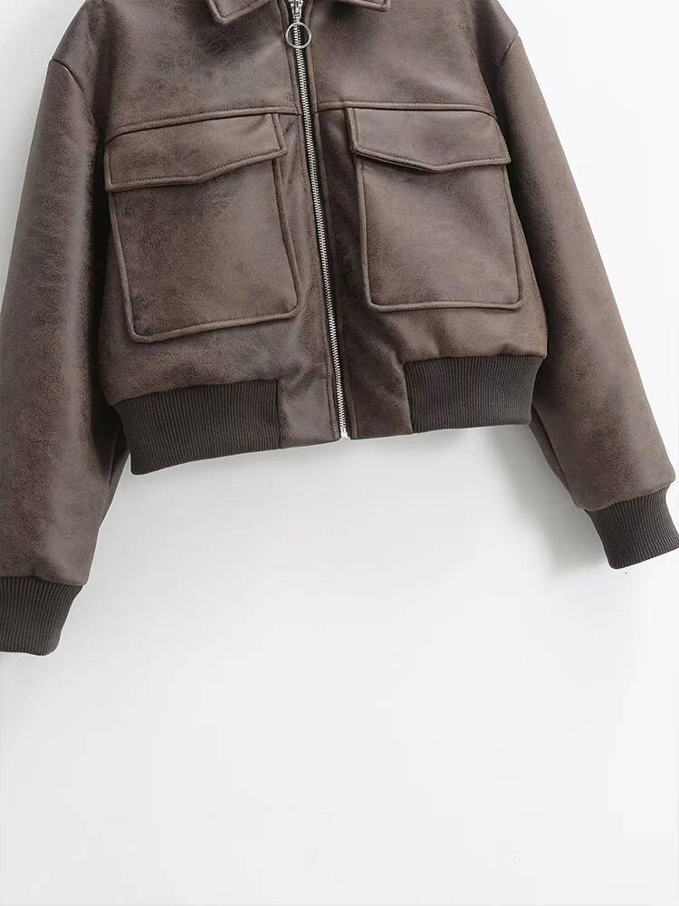 2025 Autumn And Winter New Lapel Pocket Decoration Loose Faux Leather Bomber Jacket Short Coat Women