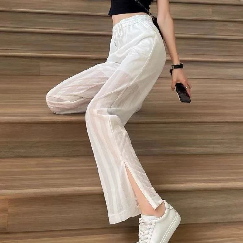 Womens Pants with Slits Clothing White Transparent Straight Leg Trousers for Women Y2k Streetwear Aesthetic Summer Autumn Casual 250604