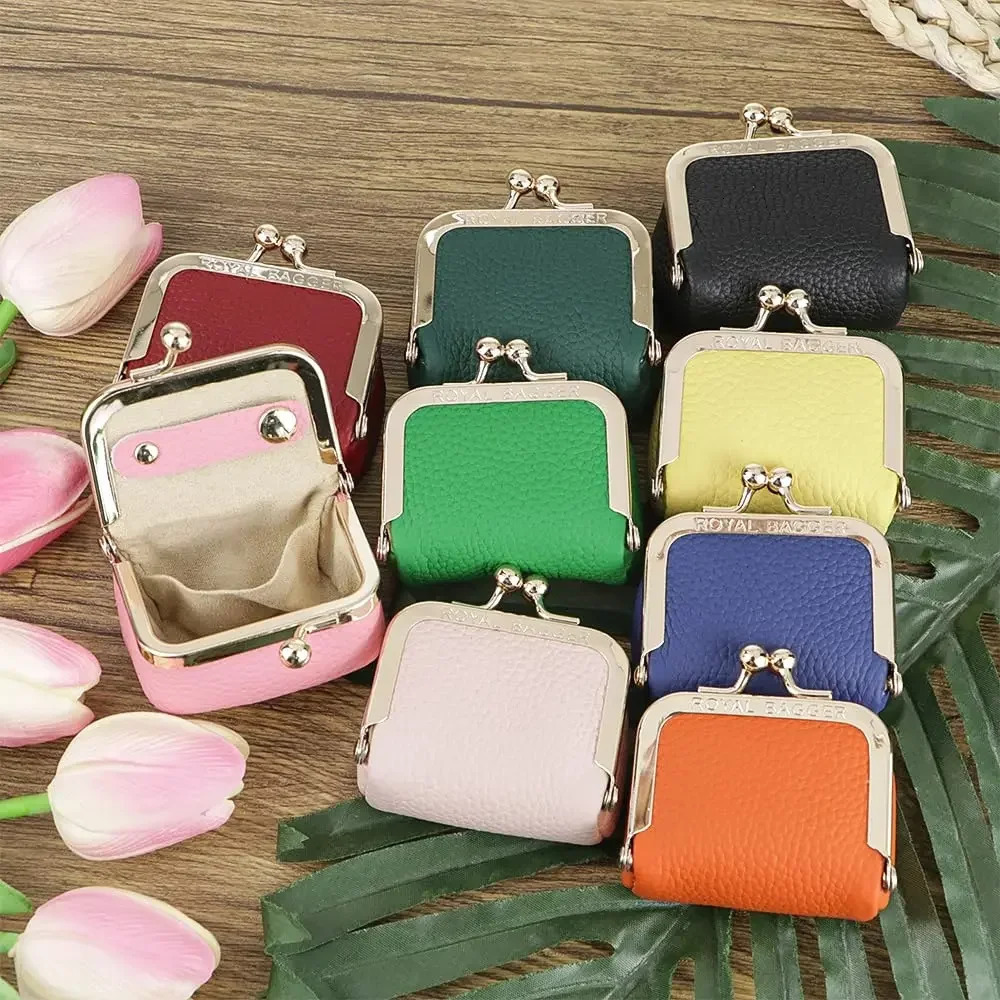 Royal Bagger Genuine Leather Mini Jewelry Coin Purse Solid Color Kiss Lock Change Pouch Casual Small Storage Bag for Women 1894 250605
