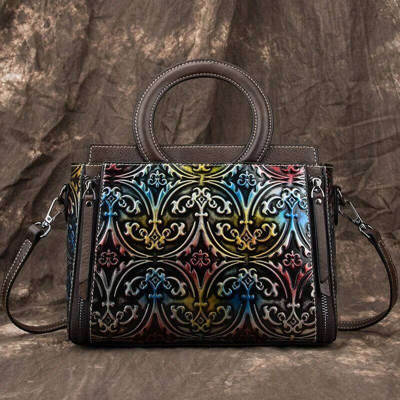 Johnature Bag Genuine Leather Retro Women Handbag 2025 New Handmade Eming Cowhide Floral Shoulder & Crossbody Bags 2025/06/05