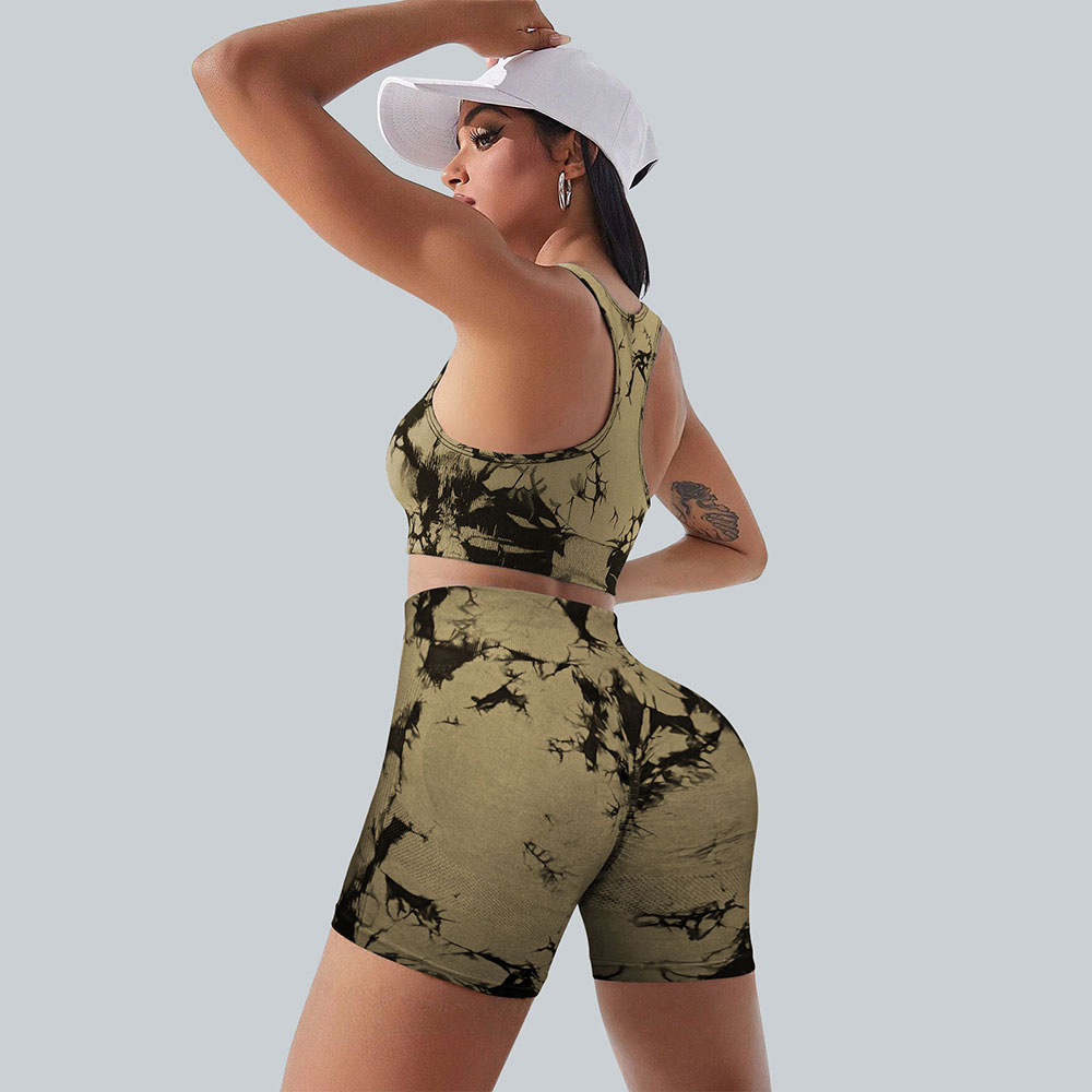 Sports, outdoor fitness, tie dye seamless bra and women's high waist and hip lifting peach shorts set